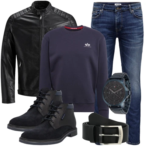 Schwarz/Creme/Dunkelgrün Mantel/Lederjacke/Leder Bomberjacke/Kunstlederjacke/Vintage Lederjacke/Bikerjacke/Motorradjacke Jack & Jones kombinieren mit Blau/Hellblau/Dunkelblau Lederjacke/Slim Fit Jeans/Leder Schuhe/Biker Jeans/Winterjacke/Push up Jeans/Low Rise Jean/Thermojeans/Herren Lederjacke Only & Sons