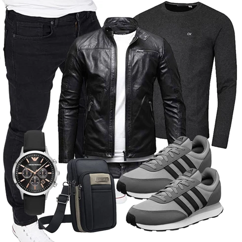 Schwarz Vintage Lederjacke/Jacke mit Seitlichem Reißverschluss/KunstLederjacke/Motorradjacke/Bikerjacke/Lederjacke Crone kombinieren