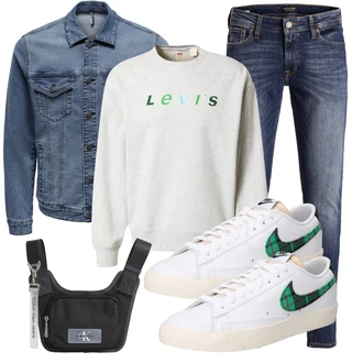 Outfit mit Blau/Dunkelblau Jeans Low Rise Jean/Low Waist Jean/Lederjacke/Slim Fit Jeans/Leder Schuhe/Winterjacke Jack & Jones "Freizeit Outfit"