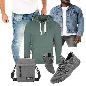 Party Outfits Schön mit Hellblau/Schwarz/Blau Vintage Jacke/Kurze Jeansjacke levi's, Grau Kapuzenpullover Riverso "Freizeit Outfit"Look: Casual, Hip Hop, 90er, Workwear, Skater, Rap, Schön, Retro, Moderne, Stil, Kuschel, Streetwear, Unisex, Bundeswehr, Sportlich