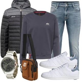 Retro Outfit mit Grau/Blau/Hellblau Damen 7/8-Länge Jeans/Knöchelstiefel/Cropped Jeans/Girlfriend Jeans/Jeans mit Schlitz/Jeans mit Loch/Low Rise Jean/Lederjacke/Slim Fit Jeans/Schlupfjeans/Leder Schuhe/Tapered-Jeans/Herren Lederjacke/Vintage Jeans Only & Sons "Freizeit Outfit"Look: Uni, 70er, Classic, Coole, Old Money, Retro