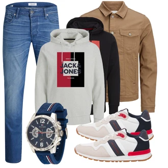 Schön Outfit mit Blau/Hellblau Low Rise Jean/Slim Fit Jeans/Herren Lederjacke/Damen 7/8-Länge Jeans/Winterjacke/Leder Schuhe/Low Waist Jean/Straight Leg Jean/Sportschuhe/Tapered-Jeans/Knöchelstiefel/Cropped Jeans/Regular-Fit Jeans Jack & Jones "Freizeit Outfit"Look: Uni, 70er, Old Money, Retro, Coole, Premium, Classic, Schön, Moderne, Smart Casual