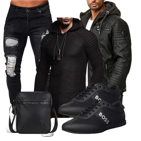 Elegant Schwarz Hoodie Wickel Pullover/Pullover mit Stehkragen/Ausgefallener Hoodie/Sport Hoodie/Strick Hoodie/Kapuzenpullover Leif Nelson kombinierenLook: Moderne, Schick, Empire, Goa, Leger, Schön, Techno, Coole, Elegant