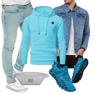 Outfit mit Türkis/Hellblau/Blau Thermo Pullover/Kapuzenpullover/Kapuzenpullover/Ausgefallener Hoodie/Sport Hoodie/Strick Hoodie YuKaiChen "Freizeit Outfit"
