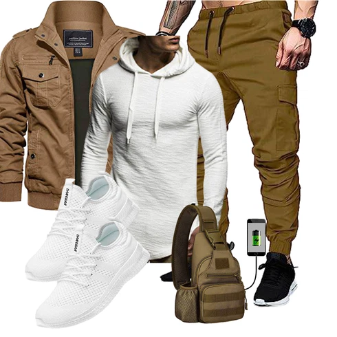 Schick Grau/Weiß/Creme/Khaki Wickel Pullover/Sport Sweatshirt/Ausgefallener Hoodie/Strick Hoodie/Sport Hoodie/Kapuzenpullover Leif Nelson kombinierenLook: Schön, Moderne, Schick, Goa, Empire, Leger, Coole, Casual, Skater