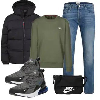 Outfit mit DunkelGrün/Grün/Khaki Sport Sweatshirt/Damen Pullover/Women's Fleece Sweatshirts/Pullover mit Stehkragen Alpha Industries "Freizeit Outfit"