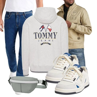 Outfit mit Blau/Weiß/Beige/Creme Schuh Leder Sneaker/Sneaker Low/SkateSchuh/Schmaler Sneaker/Sneaker Mit Klettverschluss/Vintage Sneaker Pull&Bear "Freizeit Outfit"
