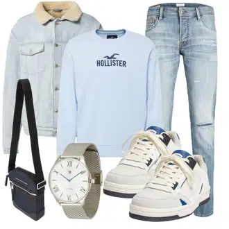 Outfit mit Blau/Weiß/Beige/Creme Schuh Leder Sneaker/Sneaker Low/SkateSchuh/Schmaler Sneaker/Sneaker Mit Klettverschluss/Vintage Sneaker Pull&Bear "Freizeit Outfit"