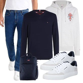 Knielang Outfit mit Weiß/Dunkelblau/Blau/Creme Schmaler Sneaker/Sneaker Low/Leder Sneaker/Skateschuh/Vintage Sneaker Jack & Jones "Freizeit Outfit"