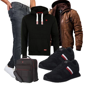 Motorrad Outfit mit Dunkelbraun/Braun Kapuzenjacke/Außergewöhnliche Jacke/Herbstjacke/Jacke mit Seitlichem Reißverschluss/Winterjacke/Kunstlederjacke/Bikerjacke/Leder Bomberjacke/Motorradjacke/Vintage Lederjacke FLAVOR "Freizeit Outfit"Look: Motorrad, Reiten
