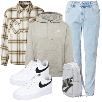 Esthetische Outfit mit Grau/Hellgrau/Khaki Sweatmode/Hoodie/Sport Hoodie/Vintage Hoodie/Unisex Hoodie/Ausgefallener Hoodie/Damen Pullover/Partner Hoodie/Sport Sweatshirt Nike Sportswear "Freizeit Outfit"Look: Rad, Esthetische, Rap, Skater, Unisex, Sportlich