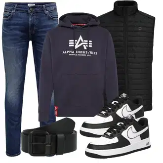 Outfits für Mollige Büro mit Schwarz Stehkragen-Strickjacke/Isolationsweste/Steppweste/Puffer Weste/Daunenweste/Ärmellose Weste/Reitweste/Funktionsweste Jack & Jones "Freizeit Outfit"Look: Uni, Western, Indoor, Lagenlook, Outdoor, Büro, Nahtlos, Techno