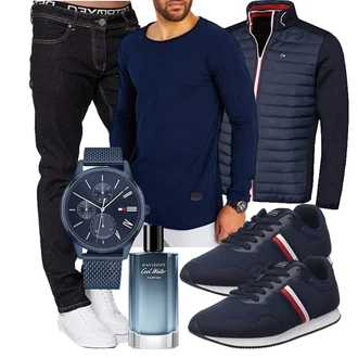 Jeans Outfits mit Hellblau/Dunkelblau Verstaubare Jacke/Wendejacke/Steppjacke/Kunstfaserjacke/Langlaufjacke/Thermojacke/Sportjacke/Merinojacke/Hybridjacke Calvin Klein, Dunkelblau/Hellblau Wickel Pullover/Kapuzenpullover/Sport Hoodie/Pullover Mit V-ausschnitt/Sport Sweatshirt/Pullover mit Stehkragen Leif Nelson "Freizeit Outfit"
