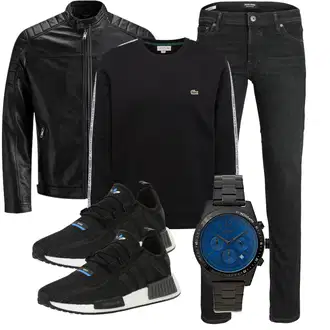 Große Größen Outfit mit Schwarz/Creme/Dunkelgrün Mantel/Lederjacke/Leder Bomberjacke/KunstLederjacke/Vintage Lederjacke/Bikerjacke/Motorradjacke Jack & Jones "Freizeit Outfit"