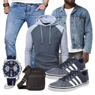Party Outfits Schön mit Hellblau/Schwarz/Blau Vintage Jacke/Kurze Jeansjacke levi's, Grau/Dunkelblau Kapuzenpullover/Kapuzenpullover/Ausgefallener Hoodie/Sport Hoodie/Strick Hoodie YuKaiChen "Freizeit Outfit"Look: Casual, Hip Hop, 90er, Workwear, Skater, Rap, Schön, Retro, Indoor, Outdoor, Coole, Moderne, Zuhause