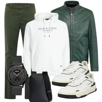 Knielang Outfit mit Weiß/Creme/Beige Skateschuh/Schmaler Sneaker/Plateau-Sneaker/Sneaker Low/Leder Sneaker/Vintage Sneaker Boss "Freizeit Outfit"