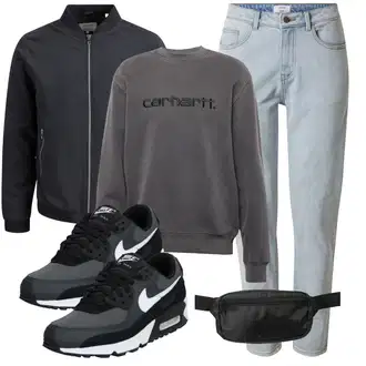 Herbst Outfit mit Grau/Hellblau/Blau Tapered-Jeans/Cropped Jeans/Mom Jean/Girlfriend Jeans/Slim Fit Jeans/Jeans mit Schlitz/Herren Lederjacke/Sweatjeans/Thermojeans/Winterjacke/Knöchelstiefel/Caprijeans DAN FOX APPAREL "Freizeit Outfit"