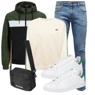 Outfit mit Creme/Weiß/Beige/Khaki Sport Sweatshirt/Damen Pullover/Lederjacke/Women's Fleece Sweatshirts Ellesse "Freizeit Outfit"