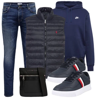 Outfit mit Dunkelblau/Dunkelgrün/Grau Freizeitschuh/Leder Sneaker/Sneaker Low/Schmaler Sneaker/Sommer Sneaker Tommy Hilfiger "Freizeit Outfit"