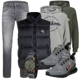 Outfit mit Grau/Hellgrau/Dunkelgrau Low Rise Jean/Slim Fit Jeans/Winterjacke/Tapered-Jeans/Low Waist Jean/Herren Lederjacke/Jeans mit Schlitz/Leder Schuhe/Lederjacke/Damen 7/8-Länge Jeans/Straight Leg Jean/Cropped Jeans/Knöchelstiefel Jack & Jones "Freizeit Outfit"