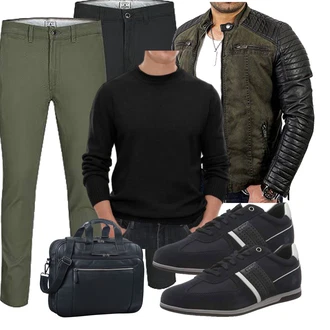 Outfit mit Dunkelgrün Jacke mit Seitlichem Reißverschluss/Kunstfaserjacke/KunstLederjacke/Wachsjacke/Steppjacke/Außergewöhnliche Jacke/Motorradjacke/Bikerjacke Redbridge "Freizeit Outfit"