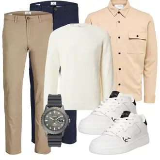 Outfit mit Beige/Khaki Mantel/Hemdbluse/Businesshemd/Musselin Hemd/Bügelfreies Hemd/Bluse Große Größe/Bluse und Tunika/Casual Hemd/Business Hemd SELECTED HOMME "Freizeit Outfit"