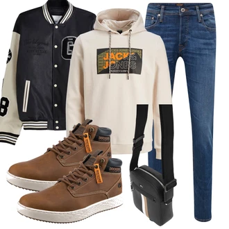 Outfit mit Blau/HellBlau Slim Fit Jeans/Leder Schuhe/Lederjacke/Damen 7/8-Länge Jeans/Low Rise Jean/Tapered-Jeans/Winterjacke/Low Waist Jean/Schlupfjeans/Jeans mit Schlitz/Straight Leg Jean/Regular-Fit Jeans/Cropped Jeans/Knöchelstiefel Jack & Jones "Freizeit Outfit"