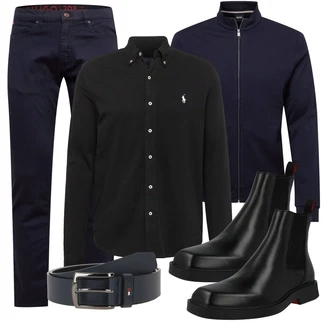 Laufen Outfit mit Schwarz/Dunkelrot/Rot Lederjacke/Chelsea Boot/Flache Stiefelette Hugo "Freizeit Outfit"Look: Skating, Laufen, Reiten