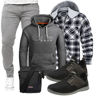Outfit mit Blau/Weiß/Schwarz/Hellblau/Grau Flanellhemd/Kariertes Hemd TACVASEN "Freizeit Outfit"