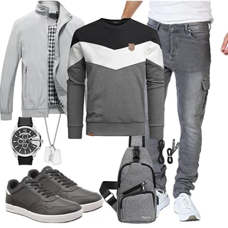 Outfit mit Grau/DunkelGrau/HellGrau/Silber Damen Pullover/Pullover mit Stehkragen/Ausgefallener Hoodie/Sport Hoodie/Sport Sweatshirt Amaci&Sons "Freizeit Outfit"