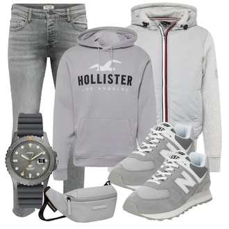 Outfit mit Grau/HellGrau/Silber Sweatshirt/Kapuzenpullover/Partner Hoodie/Ausgefallener Hoodie/Sport Hoodie/Damen Pullover/Hoodie/Unisex Hoodie/Vintage Hoodie Hollister "Freizeit Outfit"