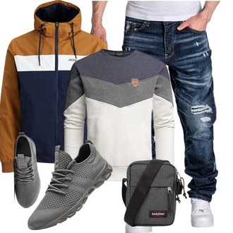 Outfit mit Grau/Creme/HellGrau/Dunkelblau Damen Pullover/Women's Fleece Sweatshirts/Pullover mit Stehkragen/Sport Sweatshirt Amaci&Sons "Freizeit Outfit"