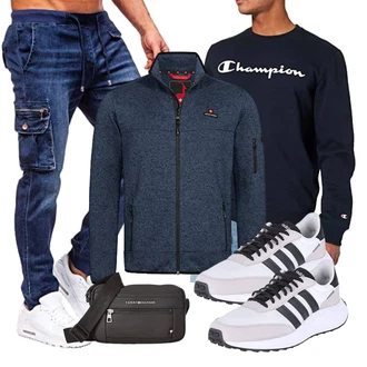 Outfit mit Dunkelblau/Beige Women's Fleece Sweatshirts/Lederjacke/Damen Pullover/Sport Sweatshirt Champion "Freizeit Outfit"