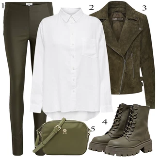 Lesk Outfit s Tmavě zelená/Khaki Kalhoty z Umělé Kůže/Legíny Vinylový Legín/Latexové Legíny/Legíny Kožený Vzhled/Kožený Legíny Object "Perfekt na podzim"