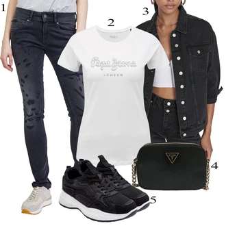 Outfity na podzim Trendový s Šedá/Tmavě modrá/Tmavě šedá/Modrá/Fialová Slim Fit Džíny/Motorkářské Džíny/Girlfriend Džíny/Džíny s Rozparkem/Džíny s Dírou/Džíny s Nízkým Sedem/Džíny Regular Fit/Kožená bunda/Rovná Džína/Kožené Boty/Sweat Džíny/Zužující se Džíny/Zimní bunda Pepe Jeans "Outfit na podzim"Look: Trendový, Egirl, Ležérní, Cool, Elegantní, Francouzské