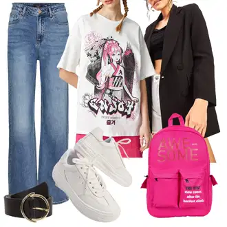 Outfit sa Plava/Svjetloplava Traperice Široke Nogavice/Dad Traperice/Trapez Traperice/High Waist Traperice/Vintage traperice/Formalna Košulja/Traperice s Prorezom/Culotte Traperice/Skraćene Traperice/Traperice Opuštenog Kroja/Muška majica VERO MODA "Jesenski Outfit"