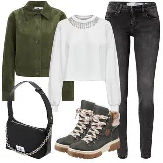 Outfit sa Siva/Bijela/Srebro Majica od flisa/Kožna jakna/Sportska majica/Otmjena majica s kapuljačom Only "Jesenski Outfiti"