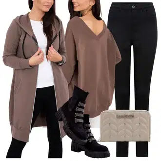 Outfit sa Crna/Tamnoplava Kožna Jakna/High Waist Traperice/Termo Traperice/Kožne Cipele/Zimska jakna/Traperice Slim Kroja/Traperice s Prorezom/Push-up Traperice orsay "Jesenski Outfiti"