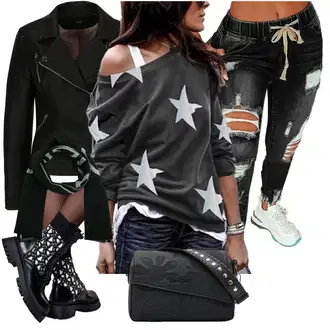 Elegantna Outfit sa Bež Trapez Traperice/Kožna Jakna fenzy "Jesenski outfiti"Look: Rap, Elegantna