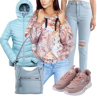Outfit sa Svjetloplava Mom Jean/Boyfriend Jeans/Girlfriend Traperice/Sužene Traperice/Traperice s Prorezom/High Waist Traperice/Kožne jakne/Traperice s Rupom DeFacto "Jesenski outfiti"
