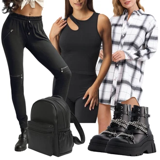 Outfit sa Crna Veganska cipela/Čizmica Čizma s Platformom na Vezanje/Gležnjača s platformom/Debele Tenisice/Motociklistička čizma/motociklistička čizma/Čizma s Platformom/Borbena Čizma/Zimska gležnjača bershka "Jesenski Outfiti"