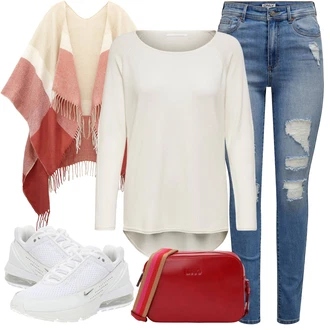 Outfit sa Crvena/TamnoCrvena/Smeđa Kardigan s resama/pleteno Pončo/Poncho Lascana "Jesenski outfiti"