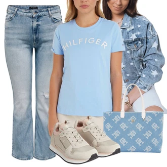 Kombinacije od trapera sa Siva Tommy Hilfiger, Svjetloplava Shopper torba/Velika torba/Torba za plažu/Veliki džep/Platnena torba/pamučna torba Tommy Hilfiger "Jesenski outfiti"