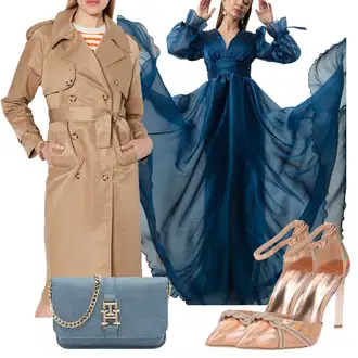za srednje godine Outfit sa Plava/Tamnoplava Haljina od Šifona/francuska haljina/Duga satenska haljina lafaba "Jesenski Outfiti"Look: Boja, Romantičan, Španjolske, Francuske, Old Money, Talijanski, Pomorski, za srednje godine