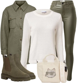 Zakrpe Outfit sa Tamnozelena/Kaki Kožna Jakna/Bikerske Traperice/High Waist Traperice/Termo Traperice/Traperice s Prorezom JdY "Jesenski outfiti"