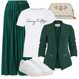 Djeveruša Outfit sa Tamnozelena/Zeleno/Tirkizna Hlače S Naborom/Široka Hlača/Hlače s prednjim naborom/Palazzo Hlača About You "Jesenski outfiti"