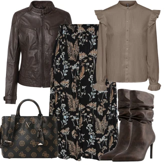 Outfit sa Smeđa/Siva/Bež Čizmica Gležnjača na visoku petu/Čizma na visoku petu/Čizma na Špic bershka "Jesenski outfiti"