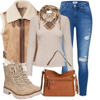 Outfit sa Smeđa/Bež/Kaki/Siva Čizmica Gležnjača na Vezanje/Borbena Čizma/Klasična čizmica Rieker "Jesenski outfiti"