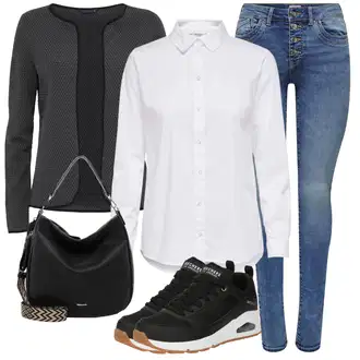 Outfit sa Bijela/Krem Bluza s Podignutim Ovratnikom/Bluza s gumbom/Bluza koja se ne pegla/Poslovna Bluza/Bluza Dugih Rukava/Bodija Bluze/Uska Kroj Bluza JdY "Jesenski outfiti"