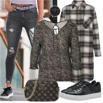 za srednje godine Outfit sa Siva/Smeđa/Crna/Tamnosiva/Zeleno Nekategorizirano/Bluza top/Bluza I Tunika/Ležerni topić/Gornja majica/Košulja top/Party Top/Čipkasti Top Lascana "Jesenski outfiti"Look: Boja, 20-ih godina, za srednje godine, Etno, Jazz